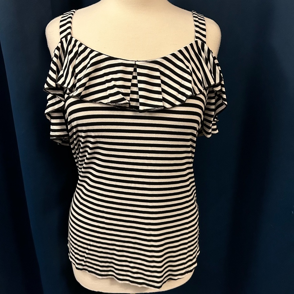 Black and White Striped Cold Shoulder Top